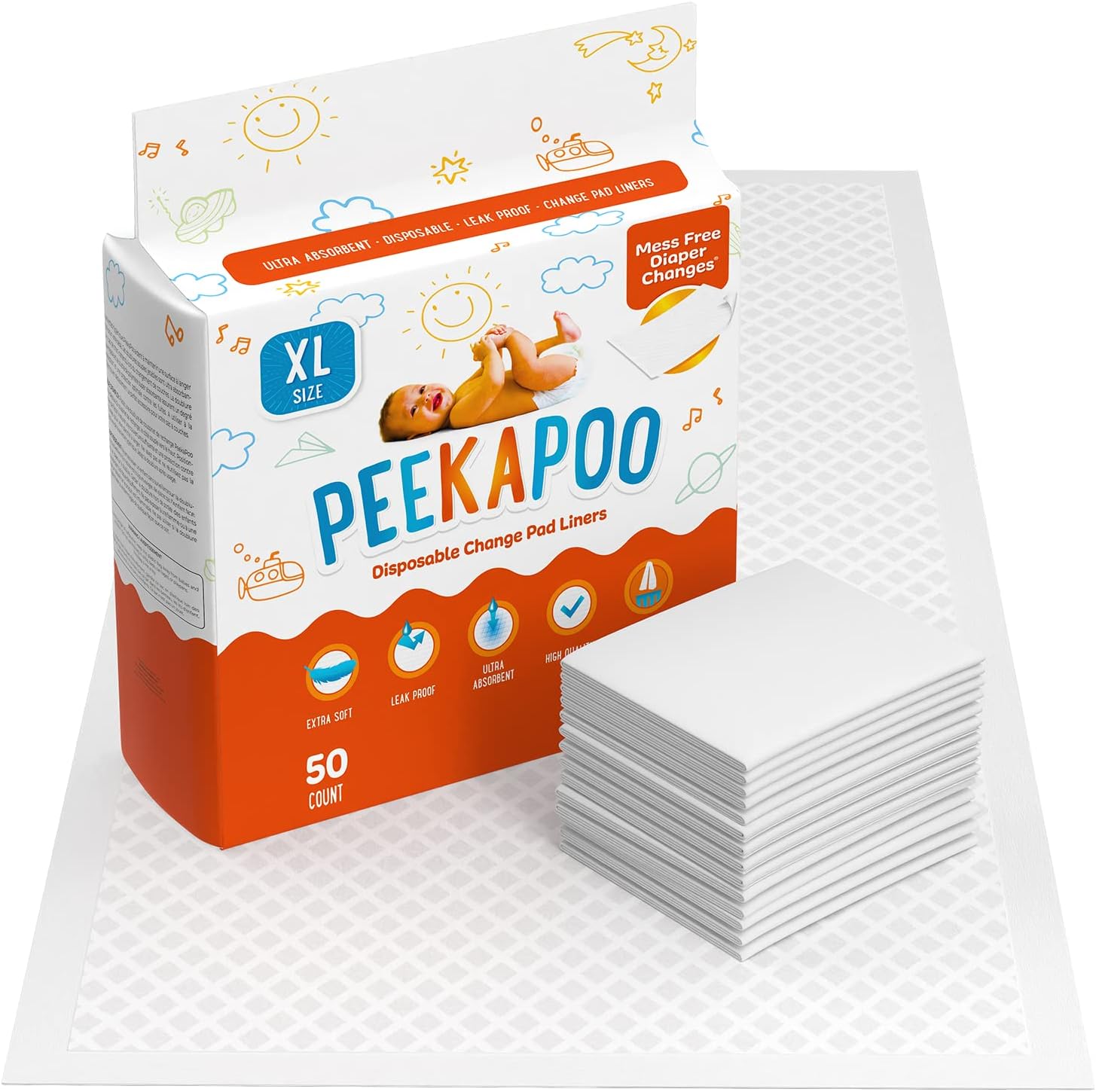 Peekapoo X-Large (30"x18") Disposable Changing Pads for Baby – Portable Changing Pad Liners for Mess Free Travel, Ultra Absorbent, Waterproof and Super Soft, 50 Count