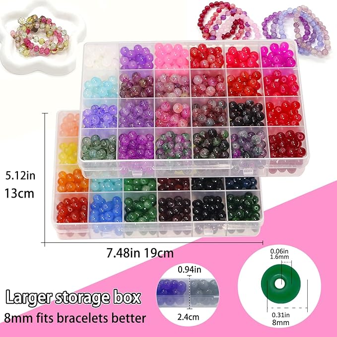 JULIMAIDONG 8mm Glass Beads for Bracelets 2100pcs, 48 Colors Round Crystal Glass Bracelet Making Kit for Jewelry Making Kits Bead DIY Crafts with Spacer Charms Accessories (48Color(Solid+Printing)-BubblyBeeBaby
