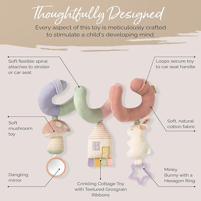 Itzy Ritzy Spiral Car Seat & Stroller Activity Toy - Stroller & Car Seat Toys for Ages 0 Months and Up - Hanging Toys Include Dangling Ring, Mirror and Textured Ribbons (Pastel Rainbow)-BubblyBeeBaby