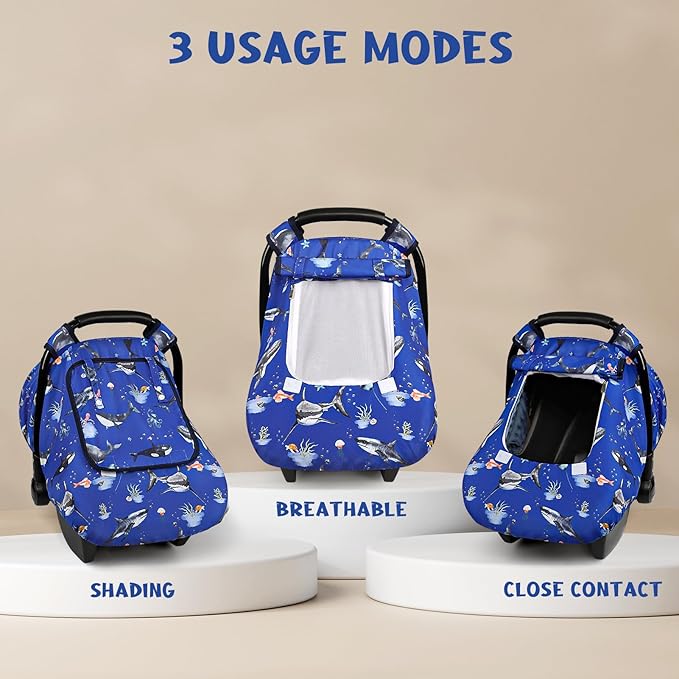 Pea Pod Car Seat Cover Baby, Infant Car Seat Canopy Covers for Newborn with 2 Layers Windows of Breathable Mesh Fabric, Lightweight Polyester/Soft Minky Dot Backing (Ocean)-BubblyBeeBaby