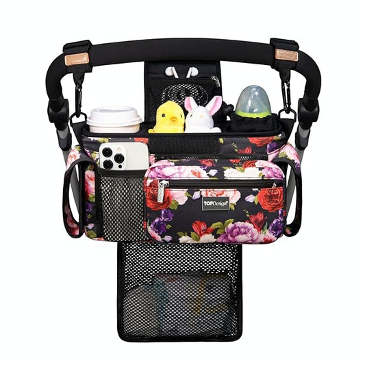 TOPDesign Universal Baby Stroller Organizer, Stroller Caddy with Detachable Mesh Bag & Heightened Insulated Cup Holders & Non-Slip Secure Hooks Accessories, Fits Most Strollers (Ranunculus)-BubblyBeeBaby