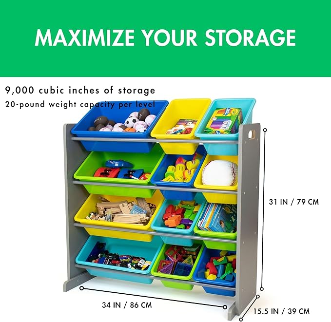 Humble Crew Kids Toy Storage Organizer with 12 Plastic Bins, Grey/Blue/Green/Yellow – Removable Bins for Playroom, Bedroom, Toddler Furniture for Boys and Girls Ages-BubblyBeeBaby