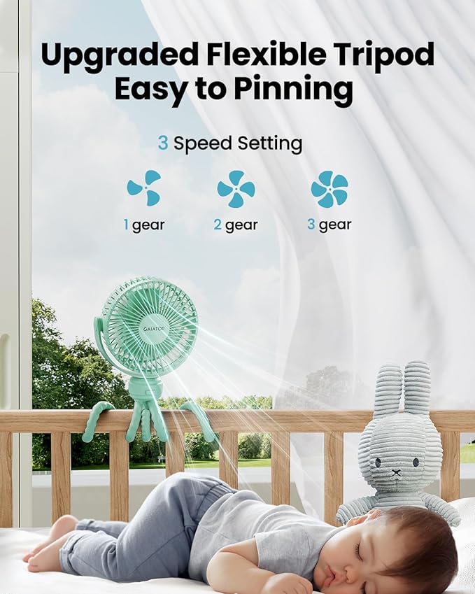 Gaiatop Mini Portable Stroller Fan, Battery Operated Small Clip on, Detachable 3 Speed Rechargeable, 360° Rotate Flexible Tripod Better Cooling for Car Seat Crib Treadmill Travel Green-BubblyBeeBaby