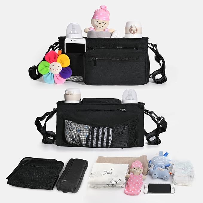 Momcozy Universal Stroller Organizer with Insulated Cup Holder Detachable Phone Bag & Shoulder Strap, Fits for Stroller like Uppababy, Baby Jogger, Britax, BOB, Umbrella and Pet Stroller-BubblyBeeBaby