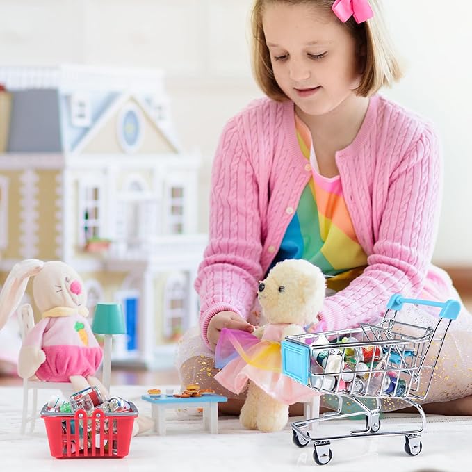 134pcs Mini Shopping Cart Basket Miniature Food Drink Bottle Supermarket Metal Handcart Toys Doll House Store Cosplay Game Dollhouse Grocery Fruit Cake Bread Party Trolley Model Dollar Bills-BubblyBeeBaby