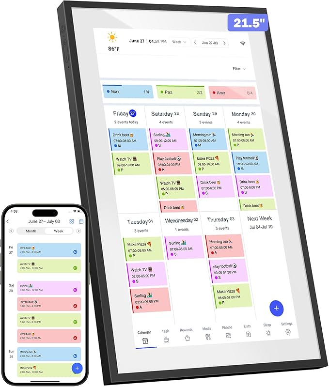21.5 Inch Digital Calendar, WiFi Smart Electronic Calendar & Chore Chart, 1920 * 1080 IPS Touch Screen HD Display for Family Schedules, Streamline Household Organization, Wall Mount Included-BubblyBeeBaby