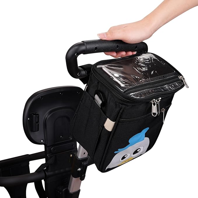 Baby Stroller Organizer Bag，Small Diaper Bag - Universal Stroller Organizer With Insulated Cup Holder,Pocket With Baby Wipes Dispenser，Adjustable Shoulder Strap(Black)-BubblyBeeBaby