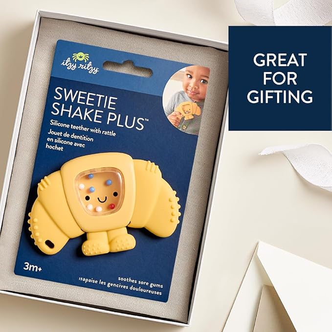 Itzy Ritzy Silicone Rattle Teether– BPA-Free Silicone Teether with Rattle for Babies & Toddlers – Features a Gentle Rattle Sound, Colorful Beads & Multiple Textures (Croissant)-BubblyBeeBaby