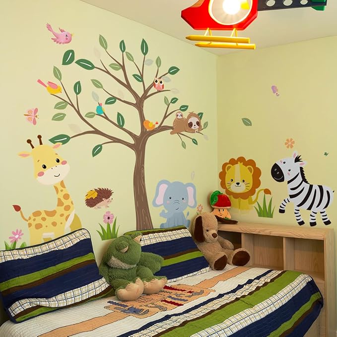 iMagitek Large Jungle Animals Tree Wall Decals Safari Animals Climbing Trees Wall Stickers Elephant Giraffe Lion Sloth Wall Stickers for Baby Nursery Kids Room Playroom Classroom 90.94" x 62.59"-BubblyBeeBaby