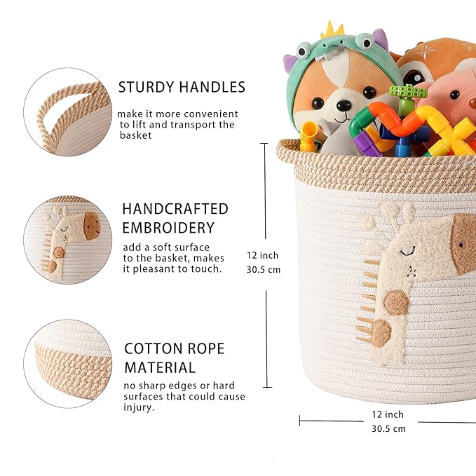 INough Toy Storage Baskets Woven Cotton Rope Storage Basket for Kids, Blanket Baskets for Living Room Toys Organizer with Embroidery Decor, Cute Baskets with Handle for Nursery, Playroom (Giraffe)-BubblyBeeBaby