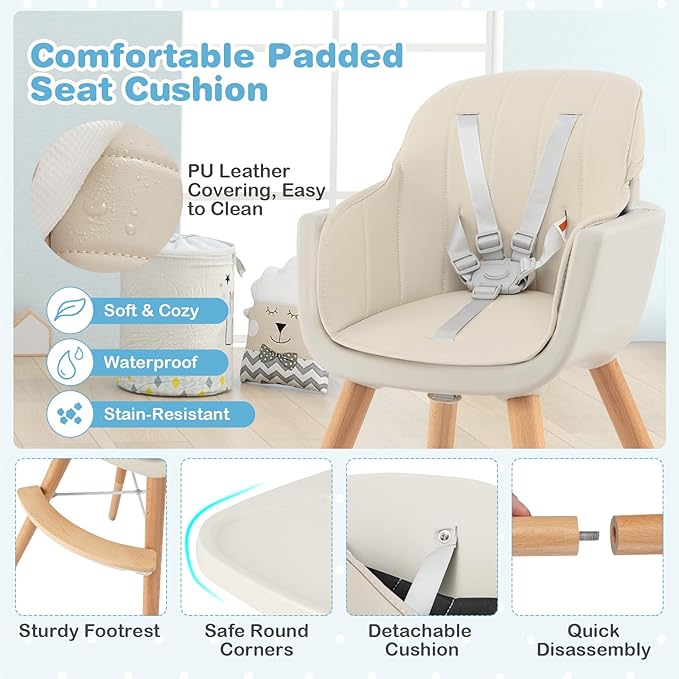 HONEY JOY High Chair, 3-in-1 Eat & Grow Wooden Highchair/Booster Seat/Toddler Chair with Removable Tray, 5-Point Harness, PU Cushion and Footrest for Baby, High Chair for Babies and Toddlers(Beige)-BubblyBeeBaby