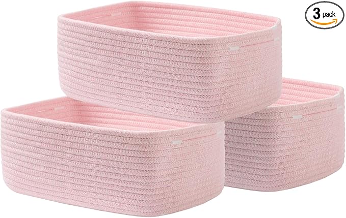 KALLAX Small Woven Basket, 13.5 x 9.5 x 5 Inches, Storage Basket for Organizing, Cute Small Rope Shelf Closet Cube Storage Bins Baskets for Shelves, Dog Toy Gift Baskets Empty, 3 Pack Light Pink-BubblyBeeBaby