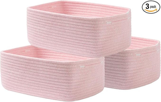 KALLAX Small Woven Basket, 13.5 x 9.5 x 5 Inches, Storage Basket for Organizing, Cute Small Rope Shelf Closet Cube Storage Bins Baskets for Shelves, Dog Toy Gift Baskets Empty, 3 Pack Light Pink-BubblyBeeBaby