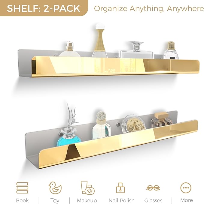2 Pack 24 Inch Gold Reflective Acrylic Shelves, Gold Foating Shelves, Modern Sunglasses Essential Oil Picture Ledge Display Toy Storage Shelf-BubblyBeeBaby