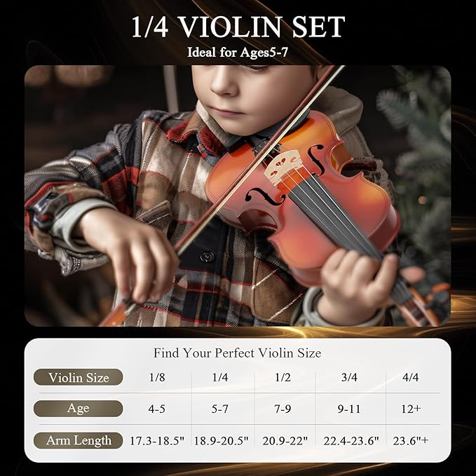 1/4 Violin Kit, Beginner Violin for Kids, Students, Complete Kids Violin Set with Case, Bow, Rosin, Ideal for Kids Violin Beginner Ages 5-7, Natural Finish-BubblyBeeBaby