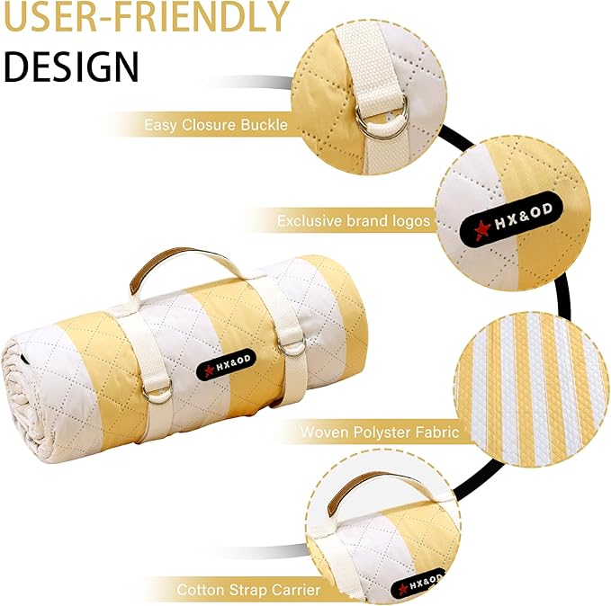 HX&OD Outdoor Picnic Blanket Extra Large, 80''*60'' Waterproof Picnic Mat with Stakes Foldable Camping Blanket Portable with Carry Strap for Beach Mat (Green& White, 80''*60'')-BubblyBeeBaby