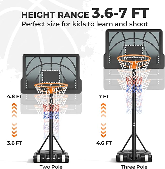 Kids Basketball Hoop, 3.6-7 FT Height Easy Adjustable, Portable Basketball Hoop Outdoor Indoor for Kids/Teens/Youth, 30" Backboard-BubblyBeeBaby