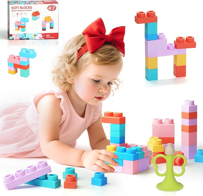 22 Pcs Soft Building Blocks for Toddlers 18M+, BPA - Free Sensory Teether Toys, Montessori STEM DIY Bricks, Early Learning Creative Stacking Set, Safe Baby Construction Toys-BubblyBeeBaby