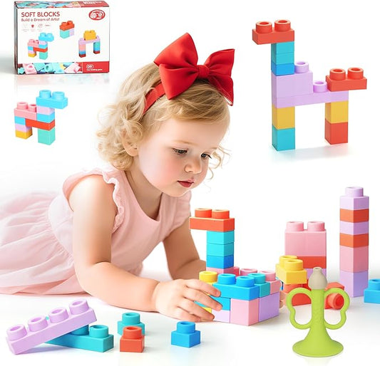 22 Pcs Soft Building Blocks for Toddlers 18M+, BPA - Free Sensory Teether Toys, Montessori STEM DIY Bricks, Early Learning Creative Stacking Set, Safe Baby Construction Toys-BubblyBeeBaby