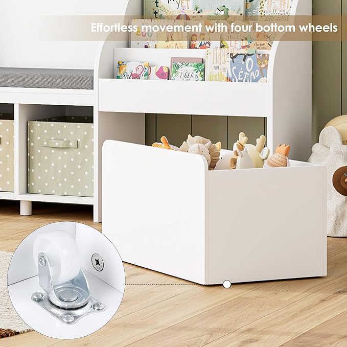 HOSTACK 67" Kids Reading Nook with Bench, Kids Bookshelf and Bookcase with Seat Cushion and 6 Storage Cubbies, Toy Storage Box on Wheels, Toy Chest for Playroom, Bedroom, School, White-BubblyBeeBaby