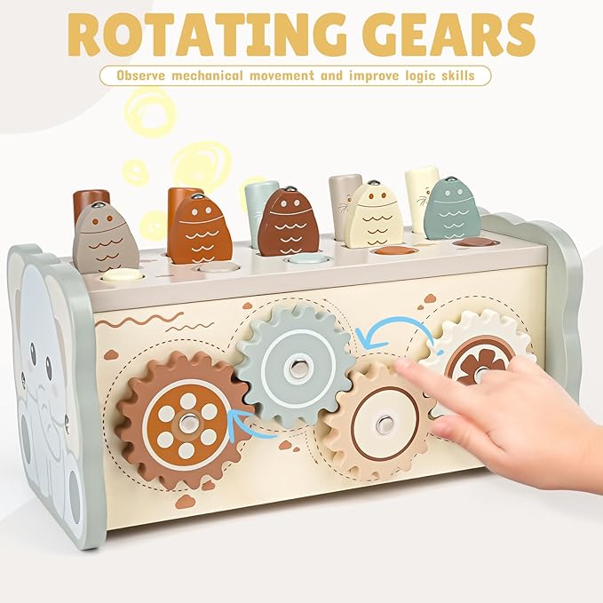 Joyreal Wooden Montessori Toys for 1 Year Old - Hammering Pounding Toy with Xylophone & Fishing Game - Educational Toddler Activities for 1 2 3 Year Old Christmas Birthday Gifts-BubblyBeeBaby