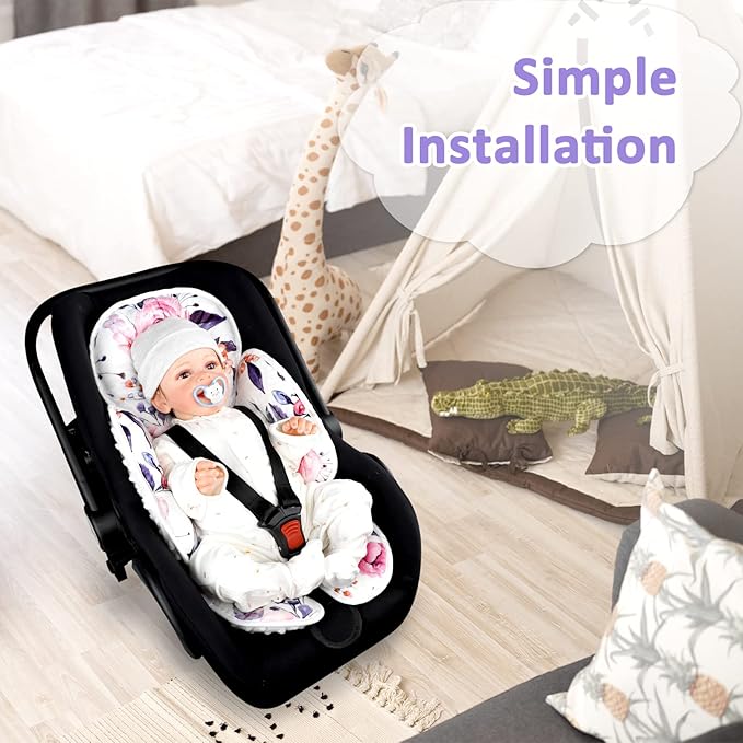 Pea Pod Baby Car Seat Head Support for Newborn, 2 in 1 Infant Car Seat Head Body Support for Girls Extra Soft Breathable Baby Car Seat Cushion Insert for Strollers, Swings, and Bouncers, Pink Floral-BubblyBeeBaby