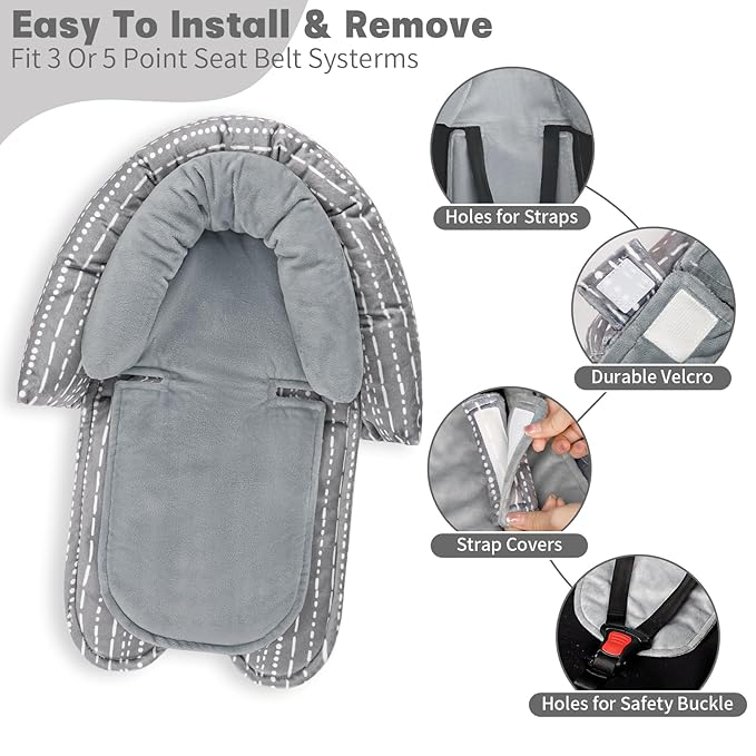 Infant Car Seat Insert, Baby Car Seat Head & Body Support with 2 Strap Pads, Ultra Soft Newborn Preemie Carseat Insert Cushion for Girls Boys, Fits Car Seat, Stroller, Swing, Bouncer, Grey-BubblyBeeBaby