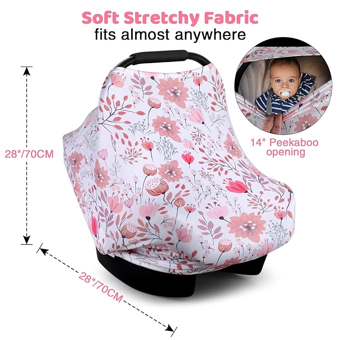 Rquite All-in-1 Car Seat Cover Baby, Carseat Covers for Girl Boy, Stretchy Soft Infant Car Seat Cover, Multi-use Baby Carrier Cover, Car Seat Canopy, Stroller Sun Shade, Nursing Breastfeeding Cover-BubblyBeeBaby