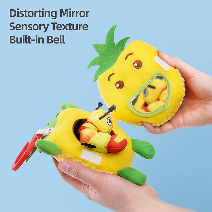 Jollybaby Newborn Plush Stuffed Fruit Rattle Toy for Stroller Car Seat Crib, Montessori Sensory Plush Pineapple Toy with Rattle and Mirro Toy for Baby 0-6-12 Month, Infant Baby Boy & Girl Shower Gift-BubblyBeeBaby