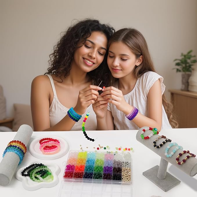 JULIMAIDONG 8mm Glass Beads for Bracelets 1000pcs, 24 Colors Round Crystal Glass Bracelet Beads Making Kit for Jewelry Making Kits Bead DIY Crafts with Spacer Charms Accessories (8MM, 24 Color)-BubblyBeeBaby