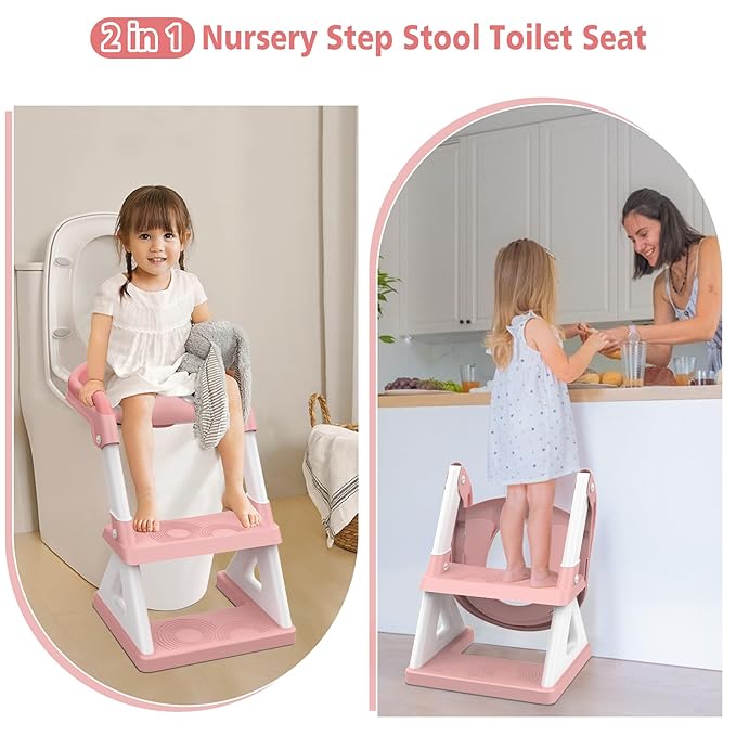 2 in 1 Potty Training Toilet Seat & Toddler Step Stool, Bottom Triangle Stability Toddler Toilet Seat, Adjustable Step & Seat Height Potty Seats for Toddlers Boys Girls (Pink)-BubblyBeeBaby