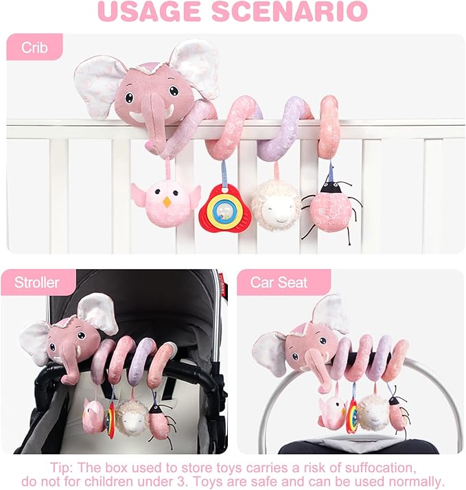 Jollybaby Baby Car Seat Stroller Toys, Plush Activity Hanging Spiral Activity Pram Crib with Music Box, Rattles, Squeaker for Babies Infant Boys Girls(SZ Pink Elephant)-BubblyBeeBaby