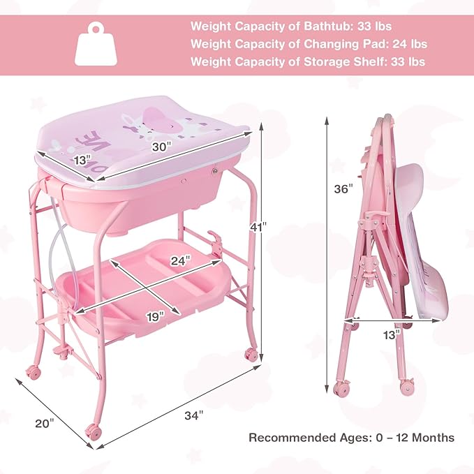 HONEY JOY Baby Changing Table with Bathtub, Foldable Infant Diaper Changing Station with Wheels, Storage Tray, Waterproof Pad, Portable Newborn Nursery Organizer Bath Stand for Boys Girls (Pink)-BubblyBeeBaby