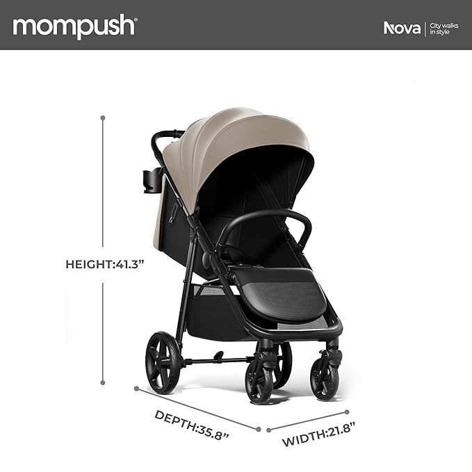 Mompush Nova Baby Stroller for Toddler, Infant & Newborn | Spacious Seat & Lie-Flat Mode | Compact One-Hand Fold, UPF 50+ Canopy & All-Wheel Suspension | Includes Rain Cover & Cup Holder, Khaki-BubblyBeeBaby