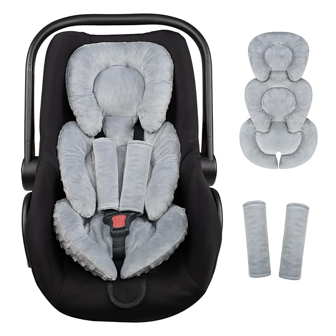 Infant Car Seat Insert Head and Body Support, GFU Reversible Newborn Insert for Carseat with Strap Pads, Soft Stroller Cushion Pillow Insert for Boys and Girls, Fits for Stroller, Swing, Grey-BubblyBeeBaby