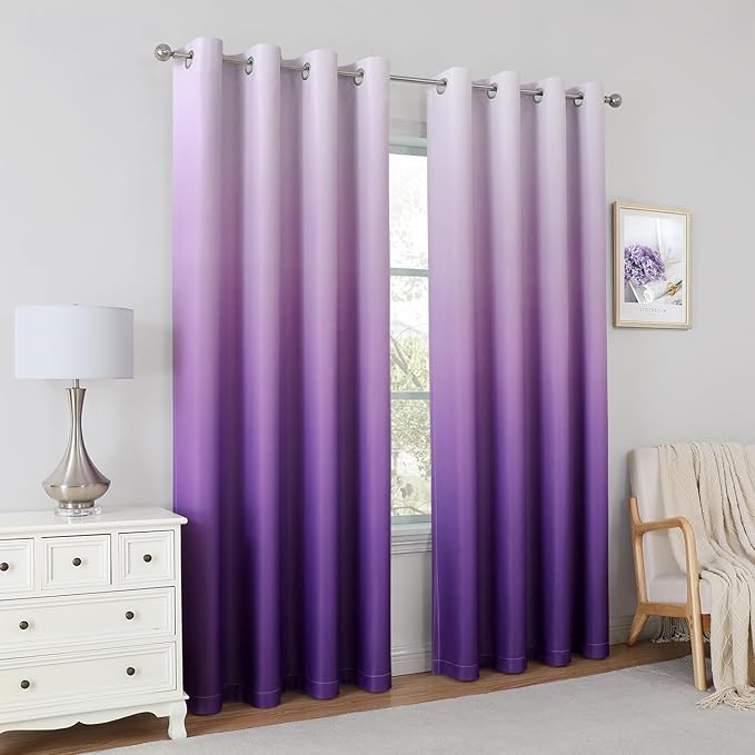 HOMEIDEAS Purple Ombre Blackout Curtains 52 X 63 Inch Length Gradient Room Darkening Thermal Insulated Energy Saving Grommet 2 Panels Window Drapes for Living Room, Bedroom-BubblyBeeBaby