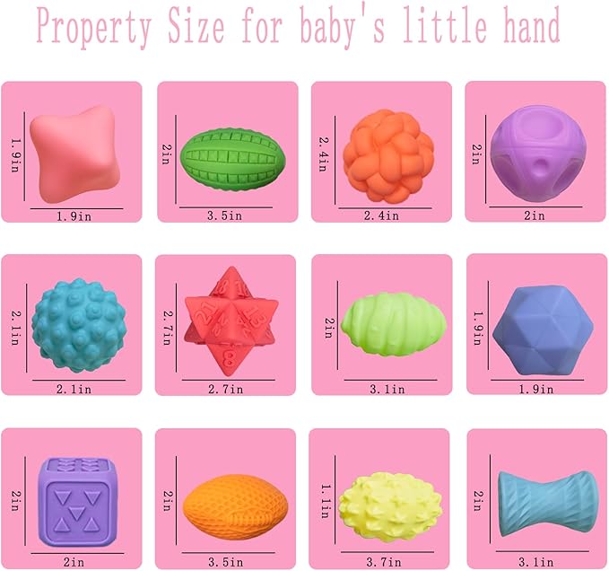12P Sensory Balls for Toddlers 1-3,Balls for Baby Toys 6-12 Months,Bright Color Textured Multi Soft,Baby Massage Toy,Birthdays, Includes Storage Bag-BubblyBeeBaby
