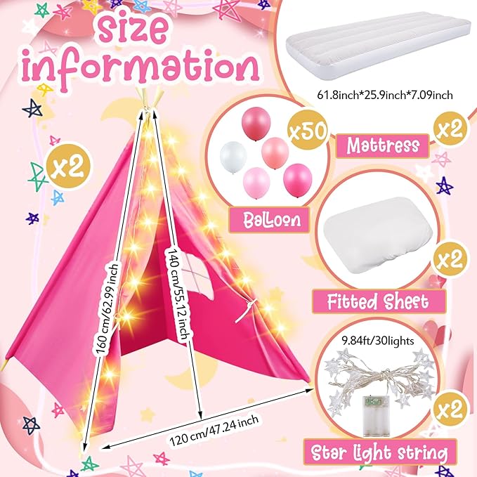 2 Pack Kids Teepee Tent with Mattress,Fitted Sheet,Light String,Washable Natural Cotton Toddler Play Tent for Girls Boys Indoor Outdoor Sleepover Slumber Birthday Party(Rose Red)-BubblyBeeBaby