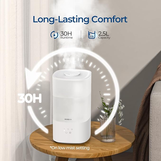 Humidifiers for Bedroom, Top Fill 2.5L Cool Mist Humidifiers for Large Room, Easy to Fill & Clean, 30H Runtime, 28dB Quiet Air Humidifier for Plants, Baby Nursery, Indoor with Night Light-BubblyBeeBaby