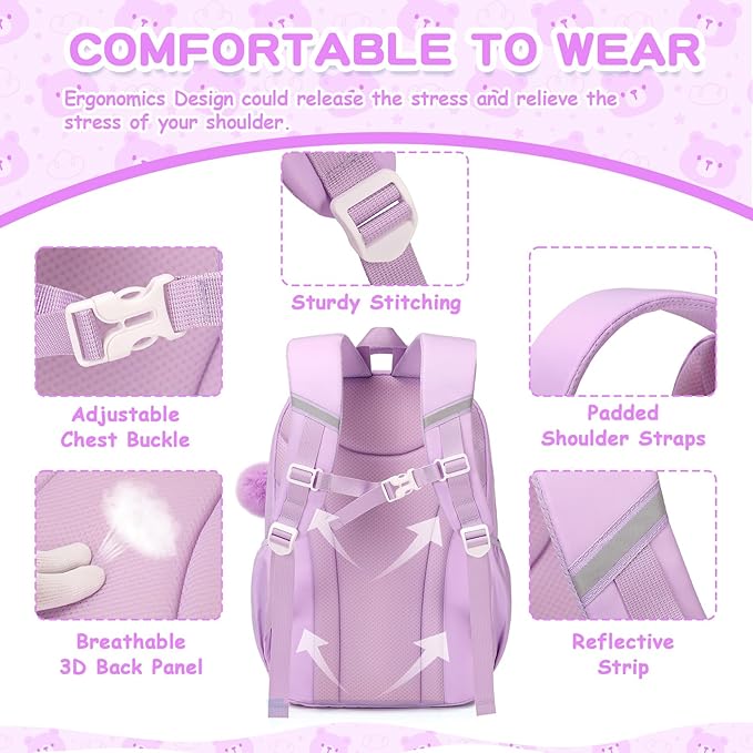 Kids Backpack for Girls School Bags for Middle School Students Book Bag for Elementary Primary Kawaii Ita Backpack, Purple and Beige-BubblyBeeBaby