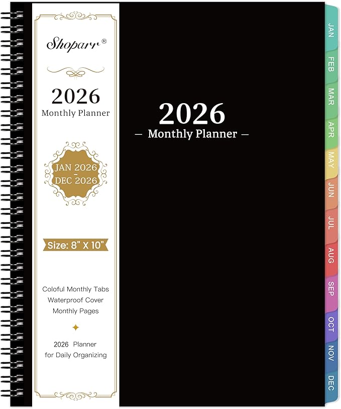 2026 Monthly Planner - 2026 Planner/Calendar, JAN 2026 - DEC 2026, Monthly Planners with Colorful Tabs, Planners for Daily Organizing - Waterproof Cover (8" x10", Notes Pages, Black)-BubblyBeeBaby
