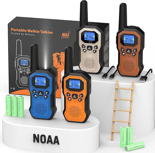 2 Way Radios for Adults Long Range Walkie Talkies for Kids Rechargeable 4 Pack, Camping Hiking Skiing Cruising Gear with Lamp, USB-C, SOS Siren, NOAA Alert, iVOX Hands-Free, One-Touch Pairing-BubblyBeeBaby