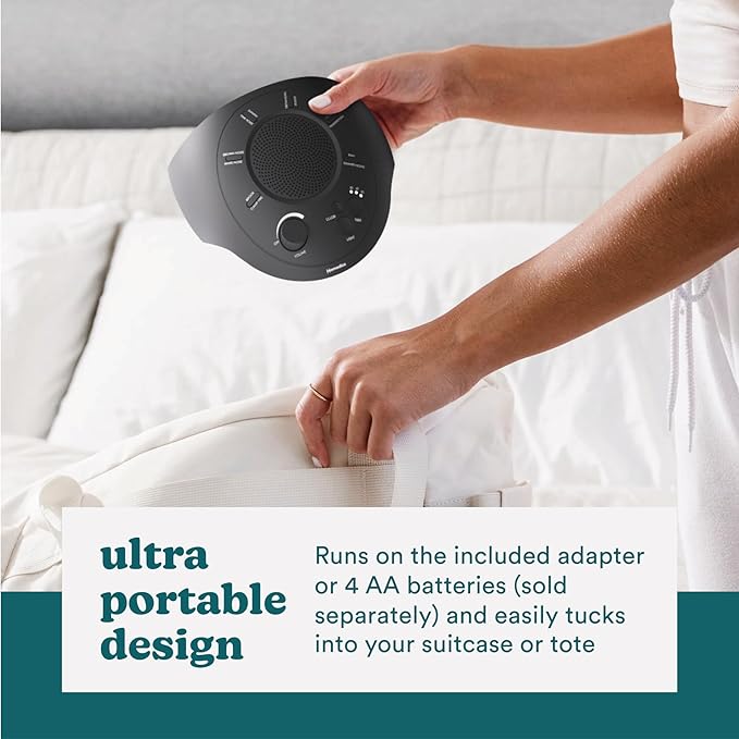 Homedics Sleep Better Portable Sound Machine, Night Light,12 Soothing Sounds Including White Noise, Rain, and Thunderstorm, Ultra-Portable Design, Auto-Off Timer, Ideal for Travel & Baby Sleep, Black-BubblyBeeBaby