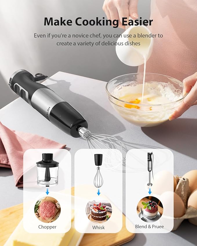 1000W Powerful Immersion Blender Handheld, 2025 New Update Hand Blender with 25-Speed and Heavy-Duty Copper Motor, 4 in 1 Hand Mixer with Chopper, Whisk, Beaker and Wand Silver-BubblyBeeBaby