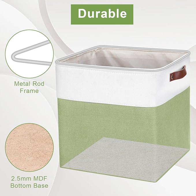 13x13 Cube Storage Bins, Collapsible Fabric Storage Box, 4 Pack Closet Baskets with Handles for Organizing, Shelf, Toys, Clothes, Home, Office, Nursery (Green&White)-BubblyBeeBaby