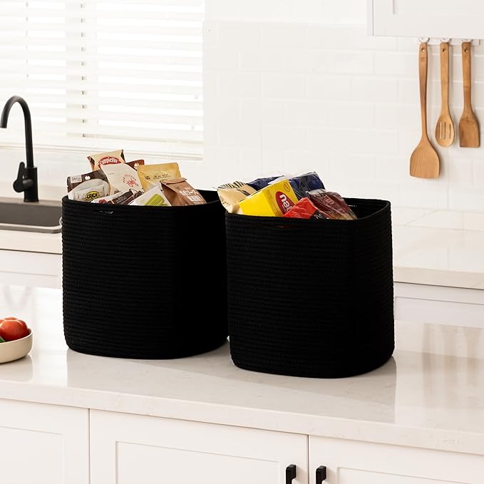 joybest Cube Storage Bins Set of 4, 13inch Cube Baskets Organizer for Nursery, Square Cotton Rope Baskets for Shelves Organizing, Kids Toy, Closet Storage, Black-BubblyBeeBaby