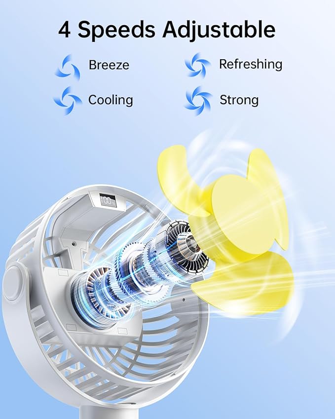 SWEETFULL Portable Stroller Fan with Display 4000mAh Battery Powered Mini Clip On Fan, 4-Speed Rechargeable Small Personal Cooling for Baby Car Seat Crib Travel - White-BubblyBeeBaby