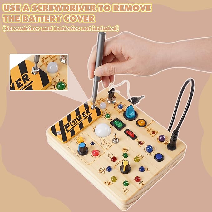 Joyreal Montessori Busy Board Wooden Sensory Toys for Toddler with LED Light Up Switch, Baby Fidget Board Travel Toys for 18+ Months, 1 2 3 Year Old Boys Girls Toddler Toy Gifts (Classic)-BubblyBeeBaby