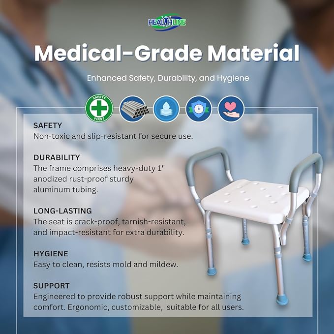 HEALTHLINE Adjustable Shower Bench with Arms – Lightweight Bath Seat with Padded Handles, Height 15"–20", White Plastic Seat with Drainage Holes, for Balance Assistance in Shower/Tub, 300 lb Capacity-BubblyBeeBaby