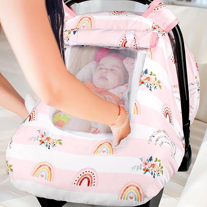 Pea Pod Car Seat Cover Baby, Infant Car Seat Canopy Covers for Newborn with 2 Layers Windows of Breathable Mesh Fabric, Lightweight Polyester/Soft Minky Dot Backing (Floral & Rainbow)-BubblyBeeBaby